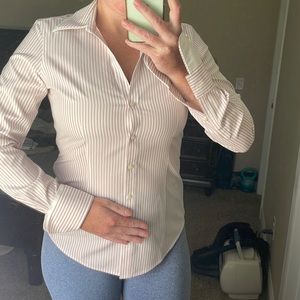 Brooks Brothers Button Down Blouse. French cuffed, pink, white, and black detail